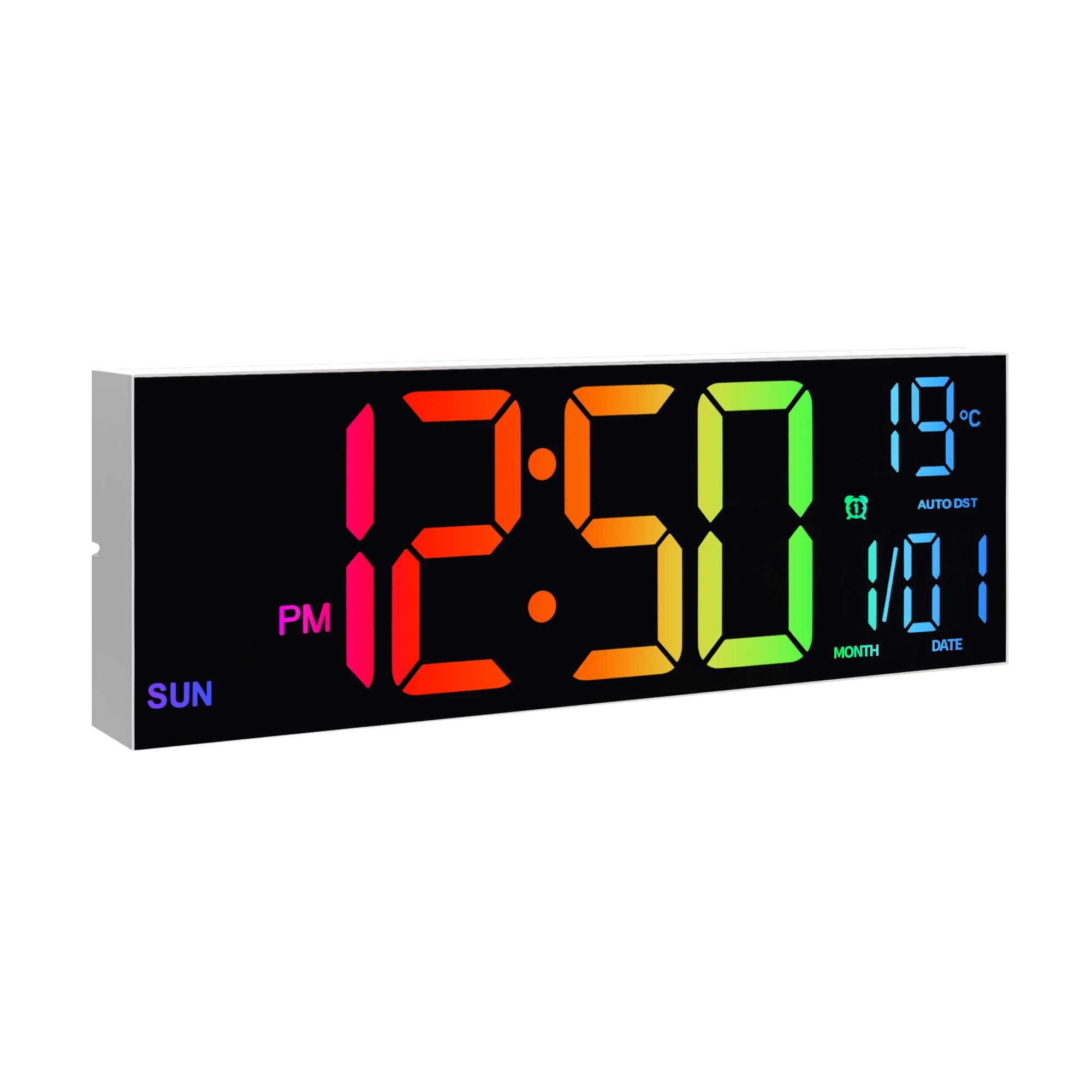 16" Large Digital LED Wall Clock – Features a big, easy-to-read display with 8 RGB color options, remote control, alarm, DST adjustment, and temperature display. Perfect for modern living rooms, kitchens, offices, and class
