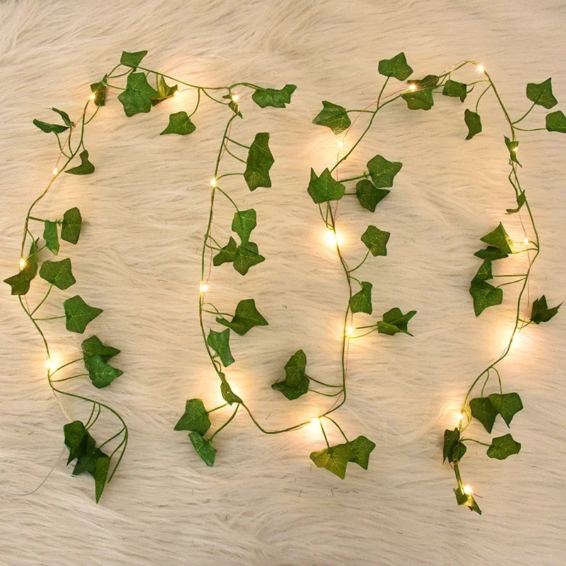 2M / 5M / 10M LED Silk Leaf Ivy Vine String Lights – Artificial Greenery Garland for Home, Wedding, and Event Decoration. Features realistic silk leaves and warm LED lighting, perfect for creating elegant, nature-inspired d