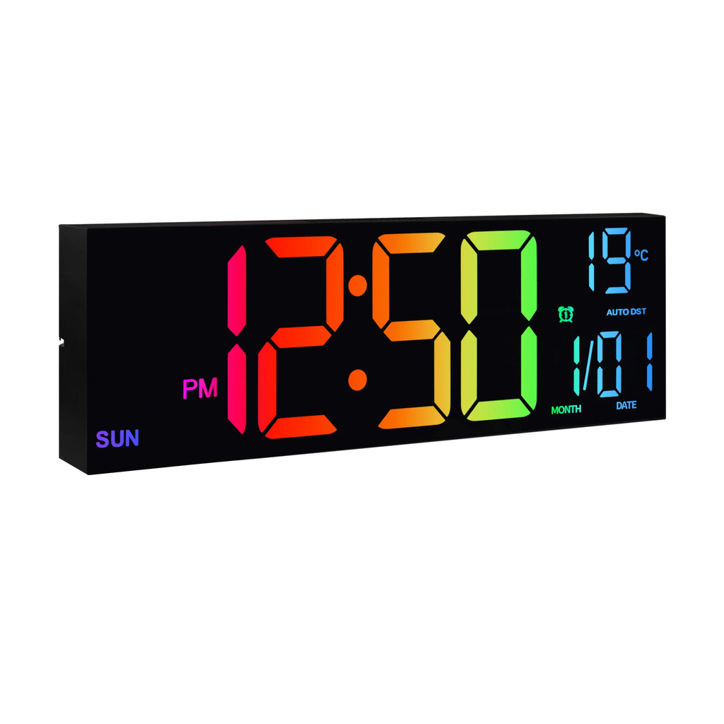 16" Large Digital LED Wall Clock – Features a big, easy-to-read display with 8 RGB color options, remote control, alarm, DST adjustment, and temperature display. Perfect for modern living rooms, kitchens, offices, and class