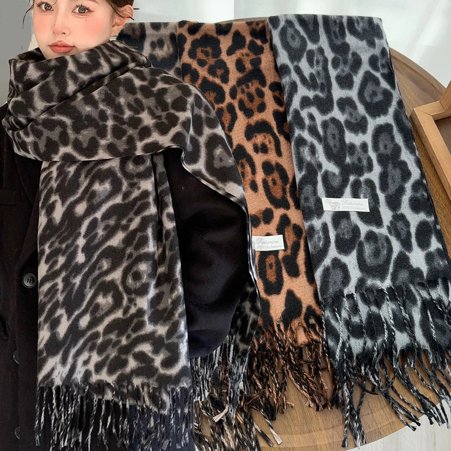 Luxury Leopard Print Tassel Scarf – Imitation Cashmere Wrap for Women. Thick, soft, and windproof design provides warmth and style during autumn and winter. Perfect as a fashionable shawl, wrap, or neck warmer for any occas