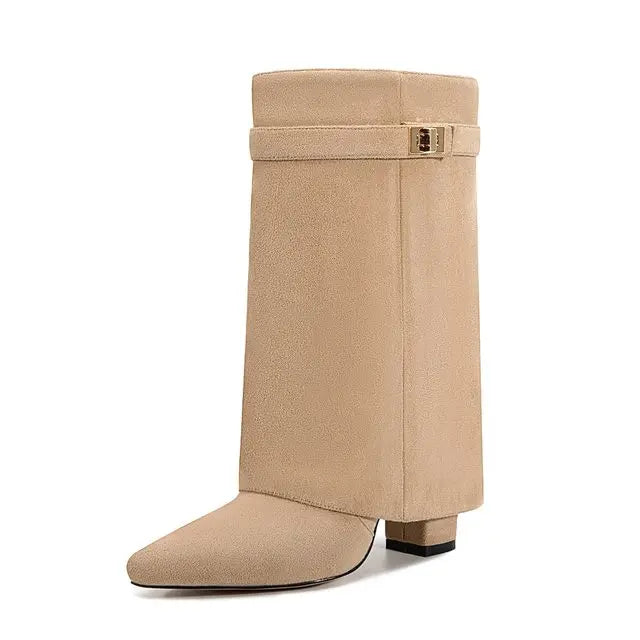 2025 Autumn/Winter Collection – Women’s Pointed-Toe Knee-High Boots with Metal Buckle. Featuring a thick high heel and sleek mid-leg design for a chic, fashionable look. Perfect for pairing with dresses or pants for elega