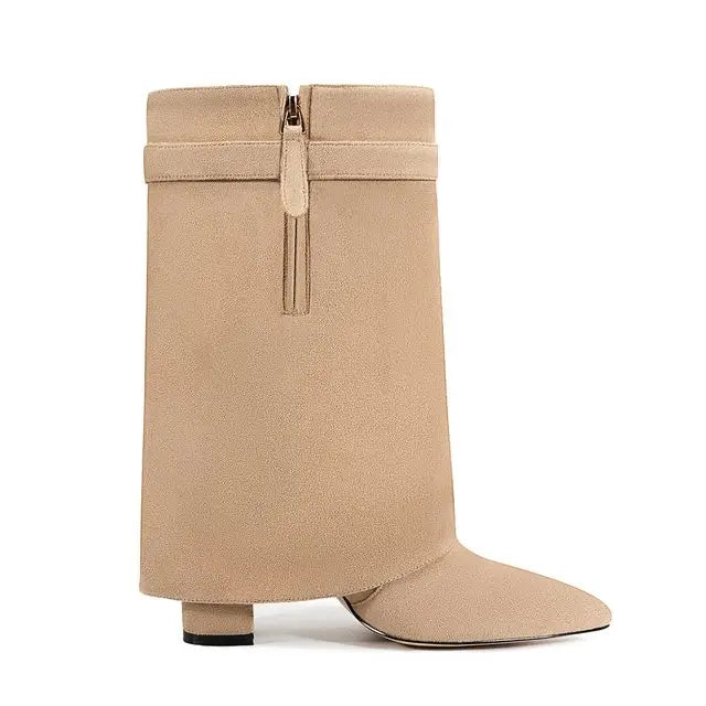 2025 Autumn/Winter Collection – Women’s Pointed-Toe Knee-High Boots with Metal Buckle. Featuring a thick high heel and sleek mid-leg design for a chic, fashionable look. Perfect for pairing with dresses or pants for elega