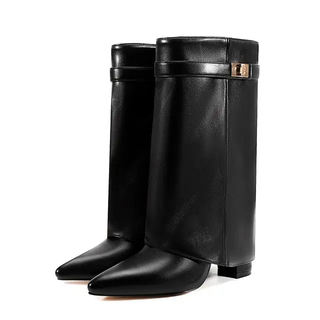 2025 Autumn/Winter Collection – Women’s Pointed-Toe Knee-High Boots with Metal Buckle. Featuring a thick high heel and sleek mid-leg design for a chic, fashionable look. Perfect for pairing with dresses or pants for elega