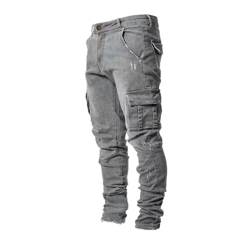Men's Slim Fit Denim Jeans Elastic Waist Multi-Pocket Cargo Pants Casual Washed Solid Color Streetwear Mid-Waist Daily Joggers