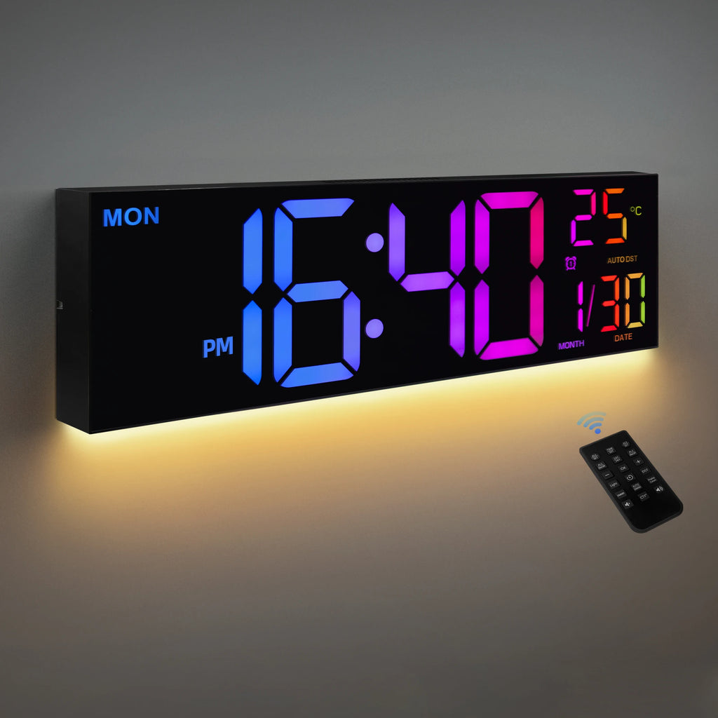 16" Large Digital LED Wall Clock – Features a big, easy-to-read display with 8 RGB color options, remote control, alarm, DST adjustment, and temperature display. Perfect for modern living rooms, kitchens, offices, and class