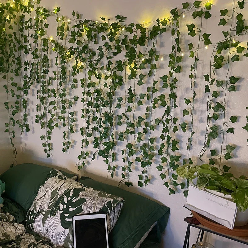 2M / 5M / 10M LED Silk Leaf Ivy Vine String Lights – Artificial Greenery Garland for Home, Wedding, and Event Decoration. Features realistic silk leaves and warm LED lighting, perfect for creating elegant, nature-inspired d