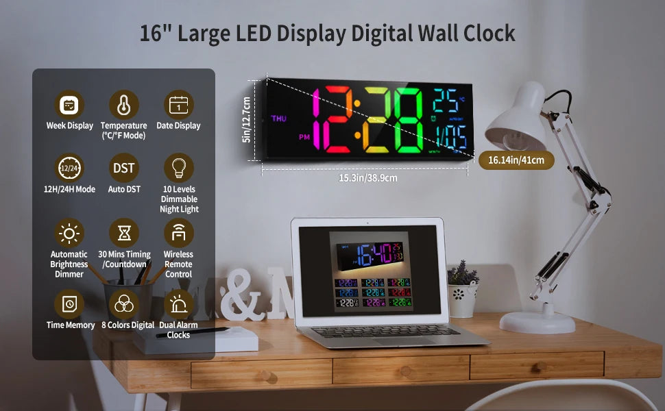 16" Large Digital LED Wall Clock – Features a big, easy-to-read display with 8 RGB color options, remote control, alarm, DST adjustment, and temperature display. Perfect for modern living rooms, kitchens, offices, and class