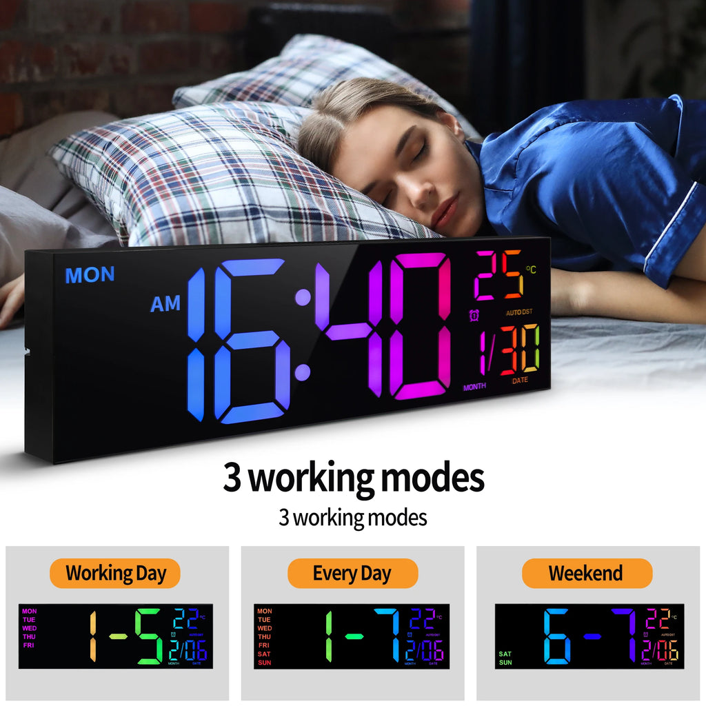 16" Large Digital LED Wall Clock – Features a big, easy-to-read display with 8 RGB color options, remote control, alarm, DST adjustment, and temperature display. Perfect for modern living rooms, kitchens, offices, and class