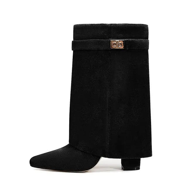 2025 Autumn/Winter Collection – Women’s Pointed-Toe Knee-High Boots with Metal Buckle. Featuring a thick high heel and sleek mid-leg design for a chic, fashionable look. Perfect for pairing with dresses or pants for elega