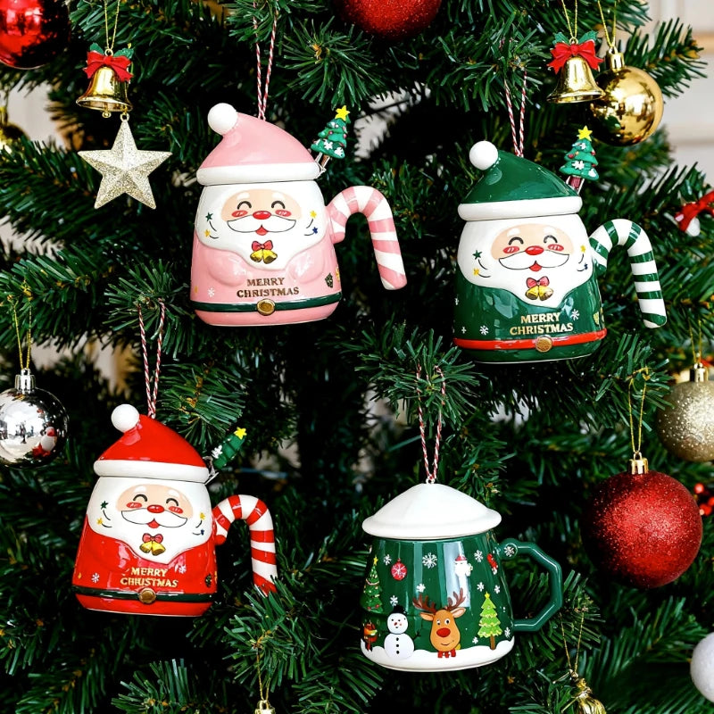 Cartoon Santa Claus Ceramic Mug with Lid And Spoon Christmas Gift Selection Gift Box Packaging for a Festive Home Atmosphere