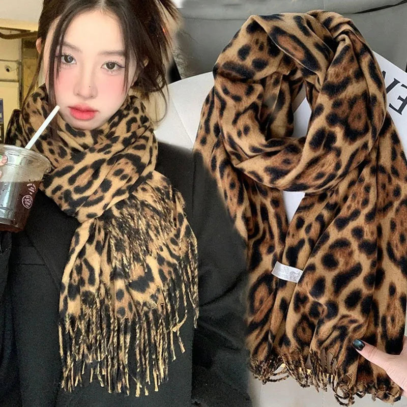 Luxury Leopard Print Tassel Scarf – Imitation Cashmere Wrap for Women. Thick, soft, and windproof design provides warmth and style during autumn and winter. Perfect as a fashionable shawl, wrap, or neck warmer for any occas