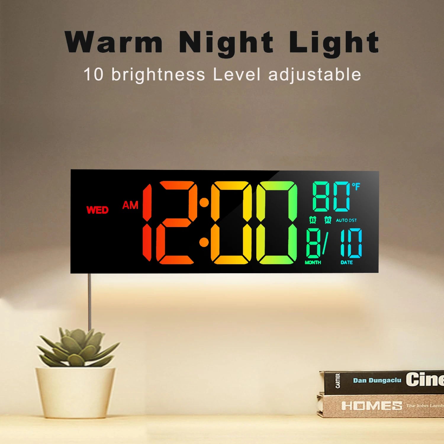 16" Large Digital LED Wall Clock – Features a big, easy-to-read display with 8 RGB color options, remote control, alarm, DST adjustment, and temperature display. Perfect for modern living rooms, kitchens, offices, and class