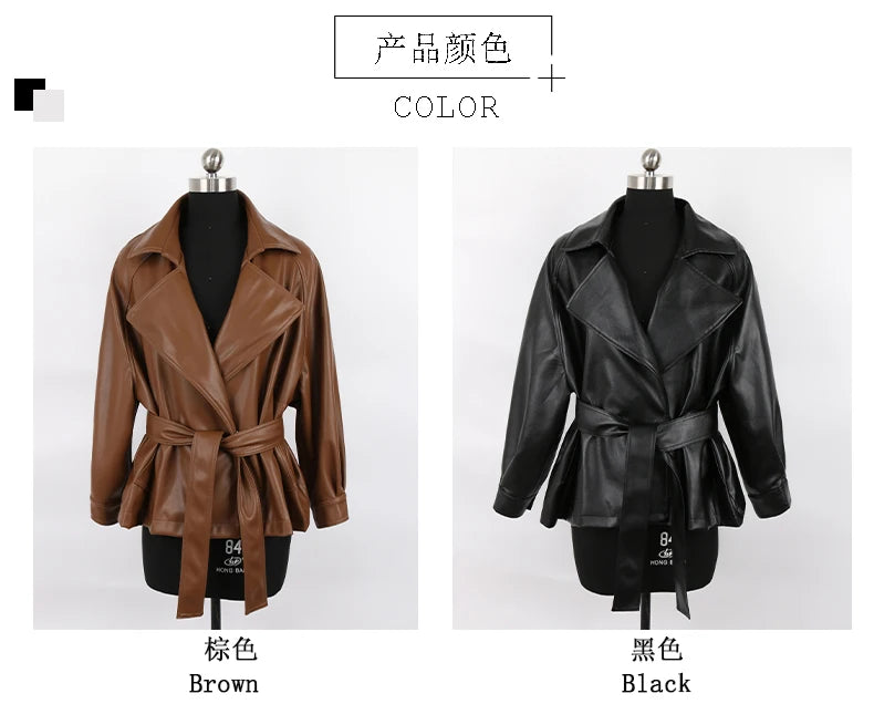 Mauroicardi 2025 Spring/Fall Collection – Women’s Short PU Leather Jacket. Crafted from soft, lightweight material with a fitted silhouette, raglan sleeves, and stylish sash detailing. Available in elegant brown and class