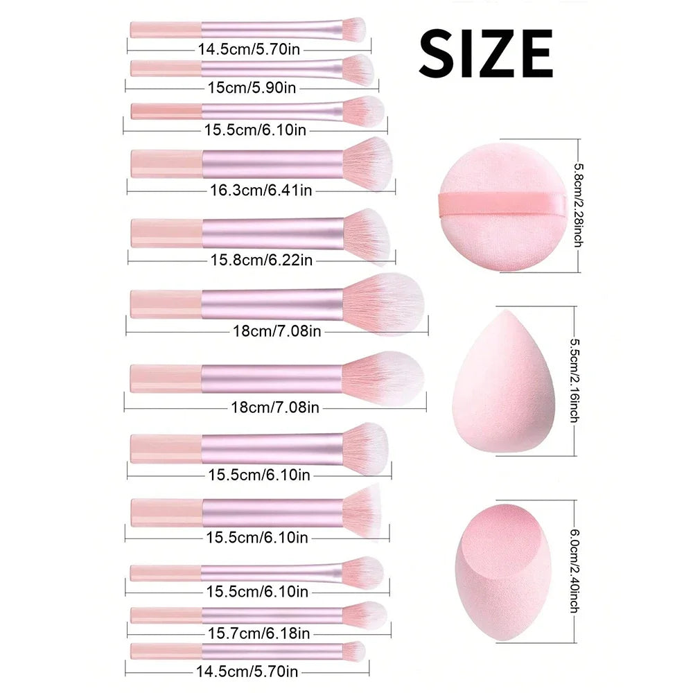 12-Piece Professional Makeup Brush Set with Sponges & Powder Puff. A complete makeup essential kit featuring high-quality brushes for eyeshadow, powder, and blush application. Includes 12 premium brushes, 2 blending sponges,