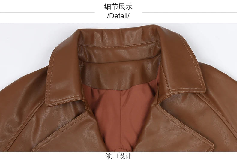 Mauroicardi 2025 Spring/Fall Collection – Women’s Short PU Leather Jacket. Crafted from soft, lightweight material with a fitted silhouette, raglan sleeves, and stylish sash detailing. Available in elegant brown and class