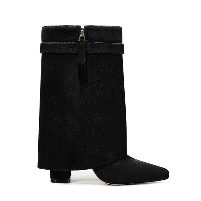 2025 Autumn/Winter Collection – Women’s Pointed-Toe Knee-High Boots with Metal Buckle. Featuring a thick high heel and sleek mid-leg design for a chic, fashionable look. Perfect for pairing with dresses or pants for elega