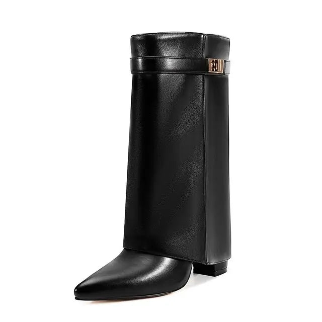 2025 Autumn/Winter Collection – Women’s Pointed-Toe Knee-High Boots with Metal Buckle. Featuring a thick high heel and sleek mid-leg design for a chic, fashionable look. Perfect for pairing with dresses or pants for elega