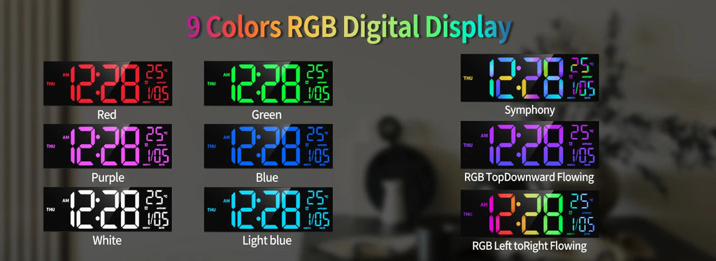 16" Large Digital LED Wall Clock – Features a big, easy-to-read display with 8 RGB color options, remote control, alarm, DST adjustment, and temperature display. Perfect for modern living rooms, kitchens, offices, and class