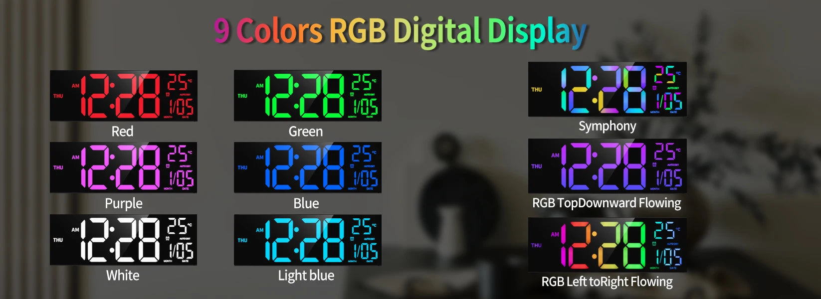 16" Large Digital LED Wall Clock – Features a big, easy-to-read display with 8 RGB color options, remote control, alarm, DST adjustment, and temperature display. Perfect for modern living rooms, kitchens, offices, and class