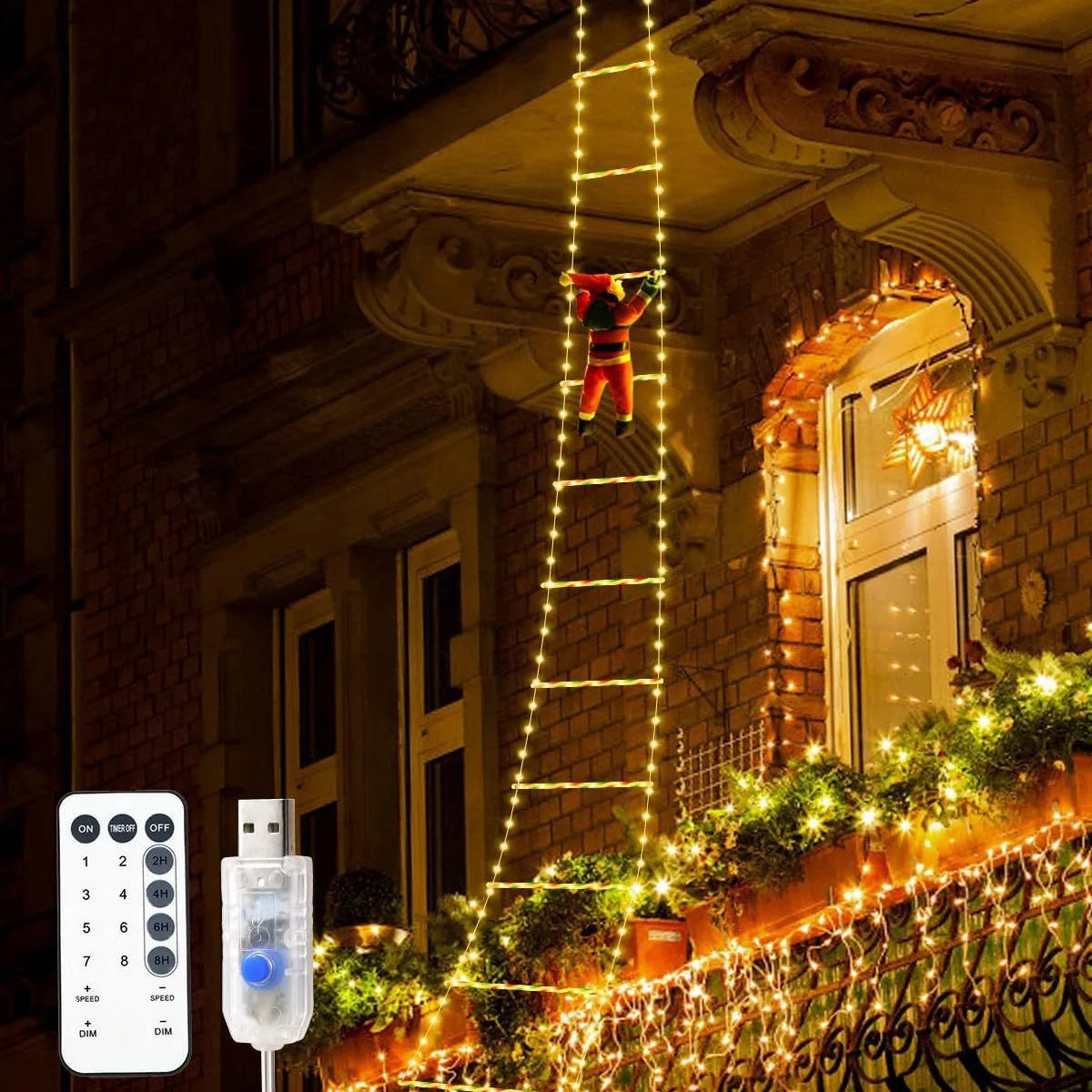 LED Santa Claus Climbing Ladder Light 1.5/3M USB Plug Christmas Decoration with 8 Flashing Modes for Home Xmas Tree Wall Window