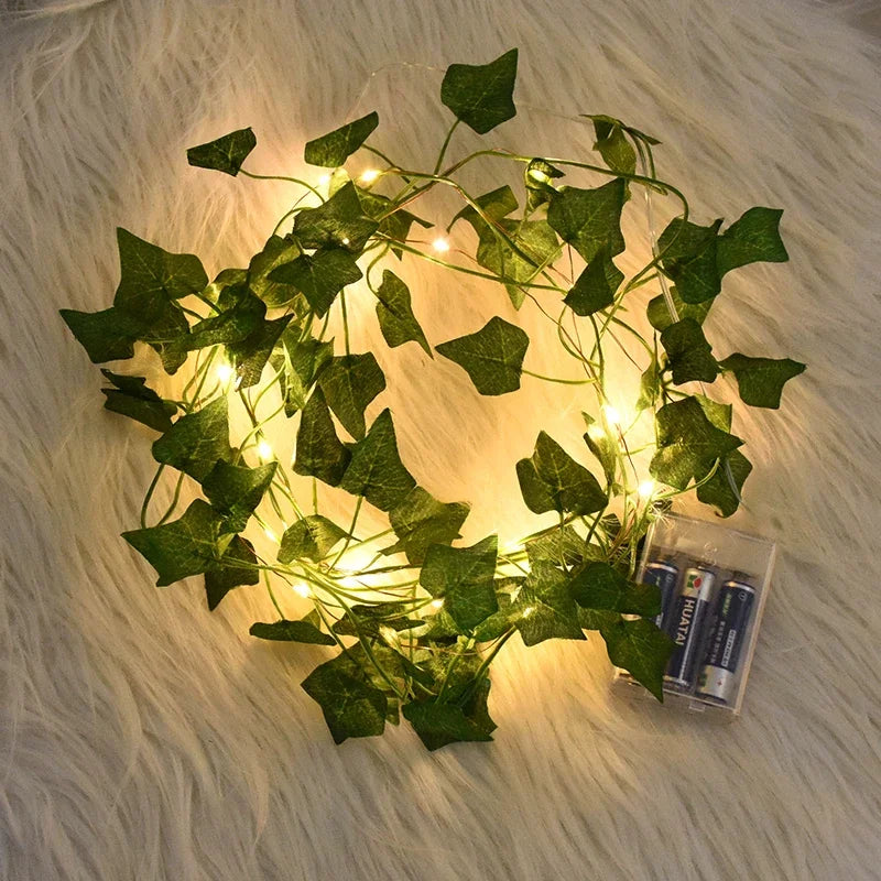 2M / 5M / 10M LED Silk Leaf Ivy Vine String Lights – Artificial Greenery Garland for Home, Wedding, and Event Decoration. Features realistic silk leaves and warm LED lighting, perfect for creating elegant, nature-inspired d