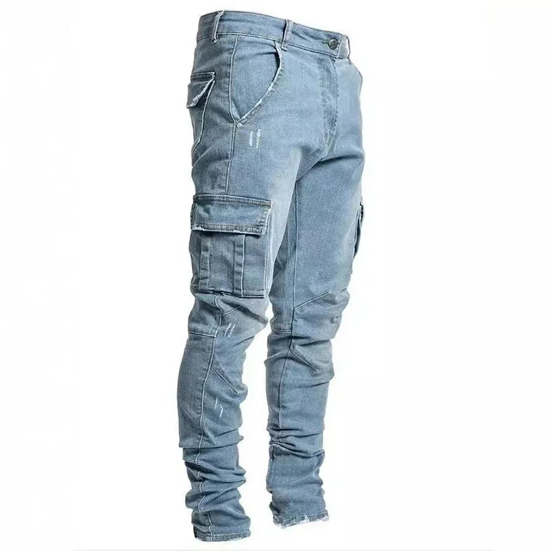 Men's Slim Fit Denim Jeans Elastic Waist Multi-Pocket Cargo Pants Casual Washed Solid Color Streetwear Mid-Waist Daily Joggers