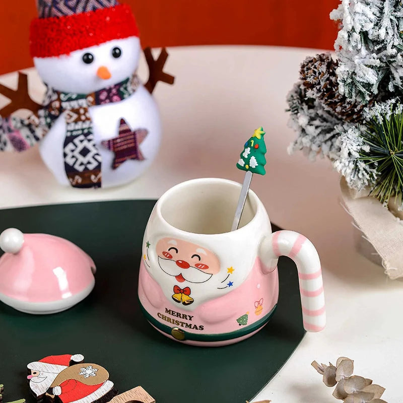 Cartoon Santa Claus Ceramic Mug with Lid And Spoon Christmas Gift Selection Gift Box Packaging for a Festive Home Atmosphere