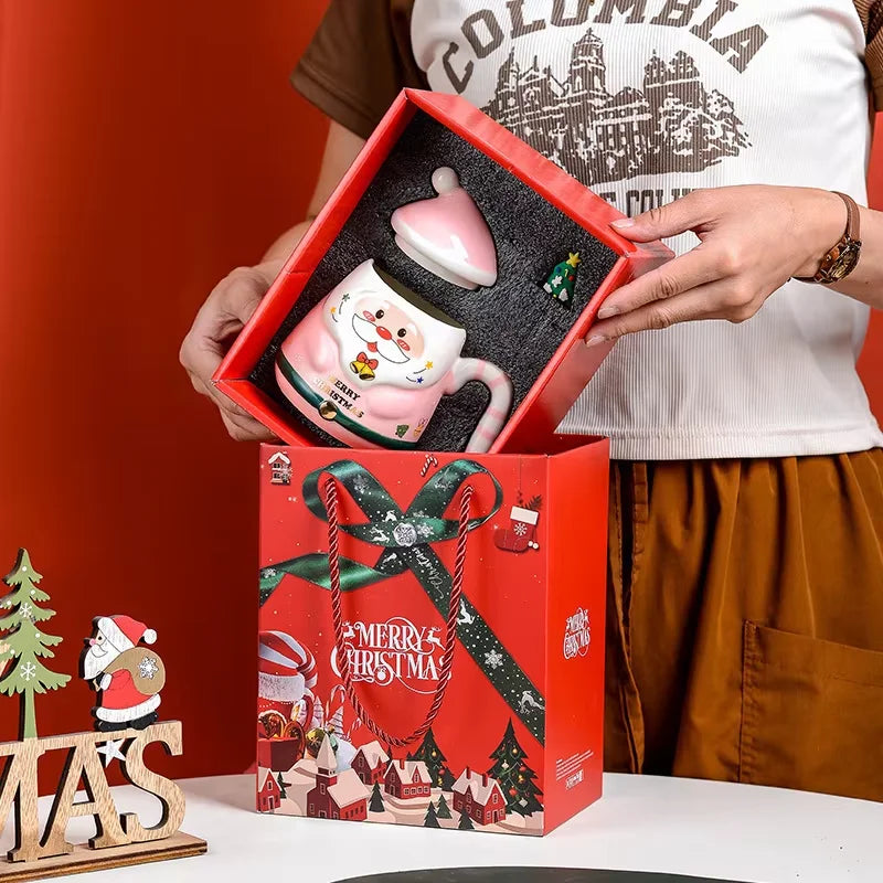 Cartoon Santa Claus Ceramic Mug with Lid And Spoon Christmas Gift Selection Gift Box Packaging for a Festive Home Atmosphere