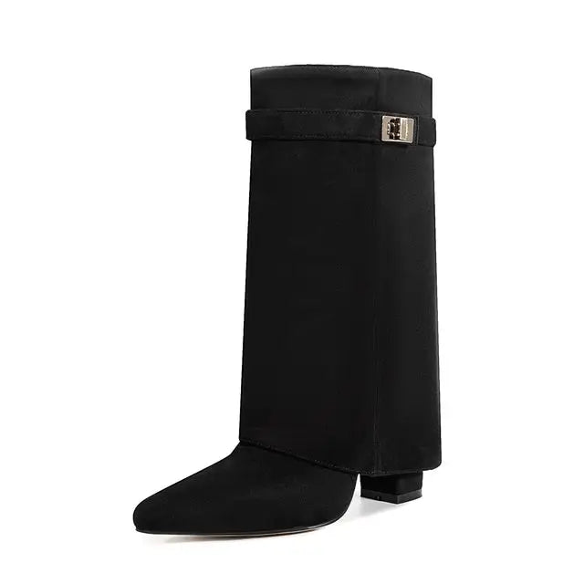 2025 Autumn/Winter Collection – Women’s Pointed-Toe Knee-High Boots with Metal Buckle. Featuring a thick high heel and sleek mid-leg design for a chic, fashionable look. Perfect for pairing with dresses or pants for elega
