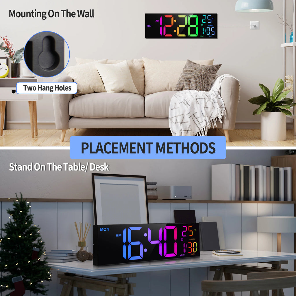 16" Large Digital LED Wall Clock – Features a big, easy-to-read display with 8 RGB color options, remote control, alarm, DST adjustment, and temperature display. Perfect for modern living rooms, kitchens, offices, and class