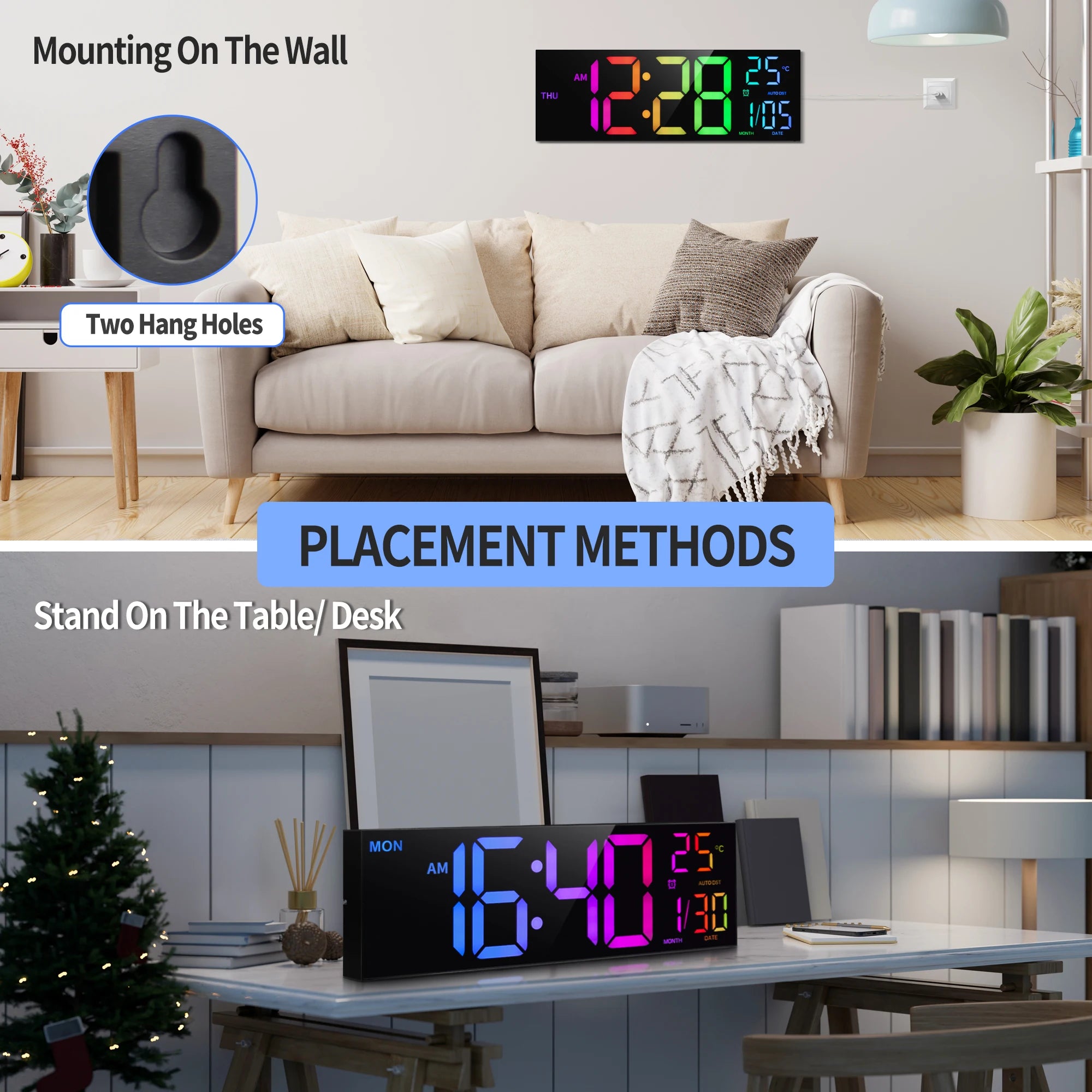 16" Large Digital LED Wall Clock – Features a big, easy-to-read display with 8 RGB color options, remote control, alarm, DST adjustment, and temperature display. Perfect for modern living rooms, kitchens, offices, and class
