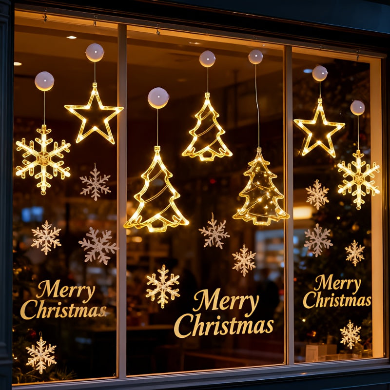 LED Christmas Lights – Available in 1-Piece or 3-Piece Sets with Star, Snowflake, and Christmas Tree Designs. Battery-Powered with Suction Cup Base for Easy Window Mounting or Hanging (Batteries Not Included). Perfect for A