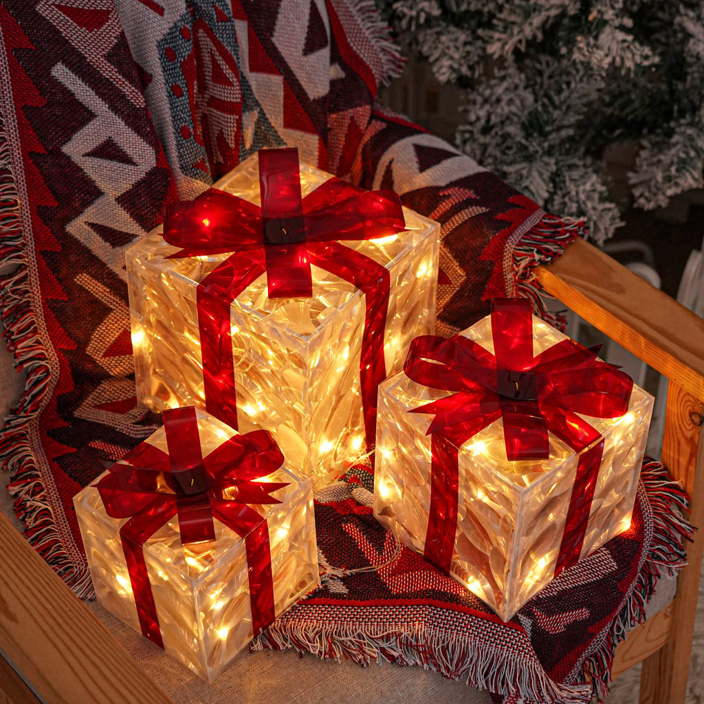 Set Of 3 ChristmasLighted Gift Boxes, Transparent Warm White Lighted Christmas Box Decrations, Presents Boxs With Red Bows For Christams Tree, Yard, Home, Christams Outdoor Decoration