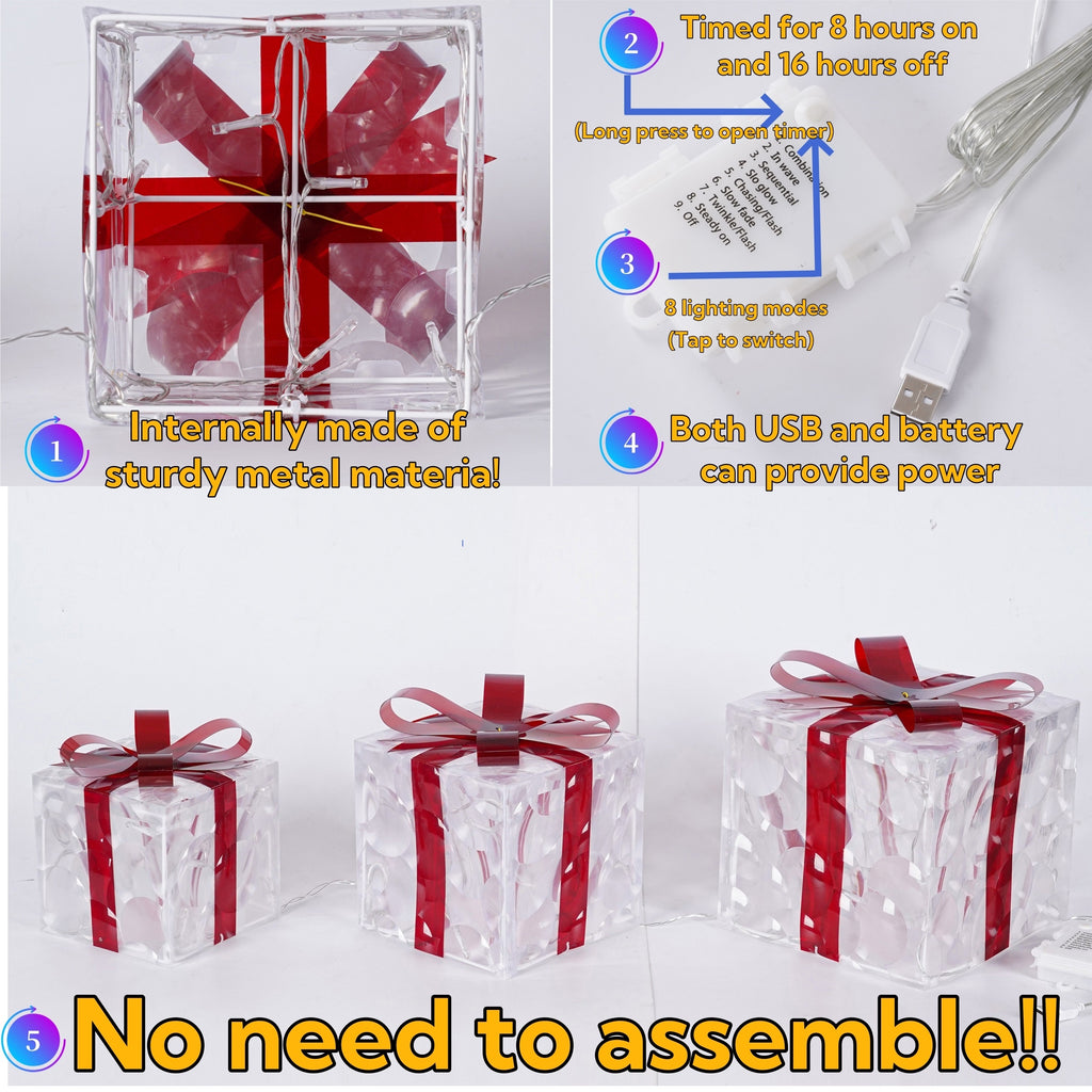 Set Of 3 ChristmasLighted Gift Boxes, Transparent Warm White Lighted Christmas Box Decrations, Presents Boxs With Red Bows For Christams Tree, Yard, Home, Christams Outdoor Decoration