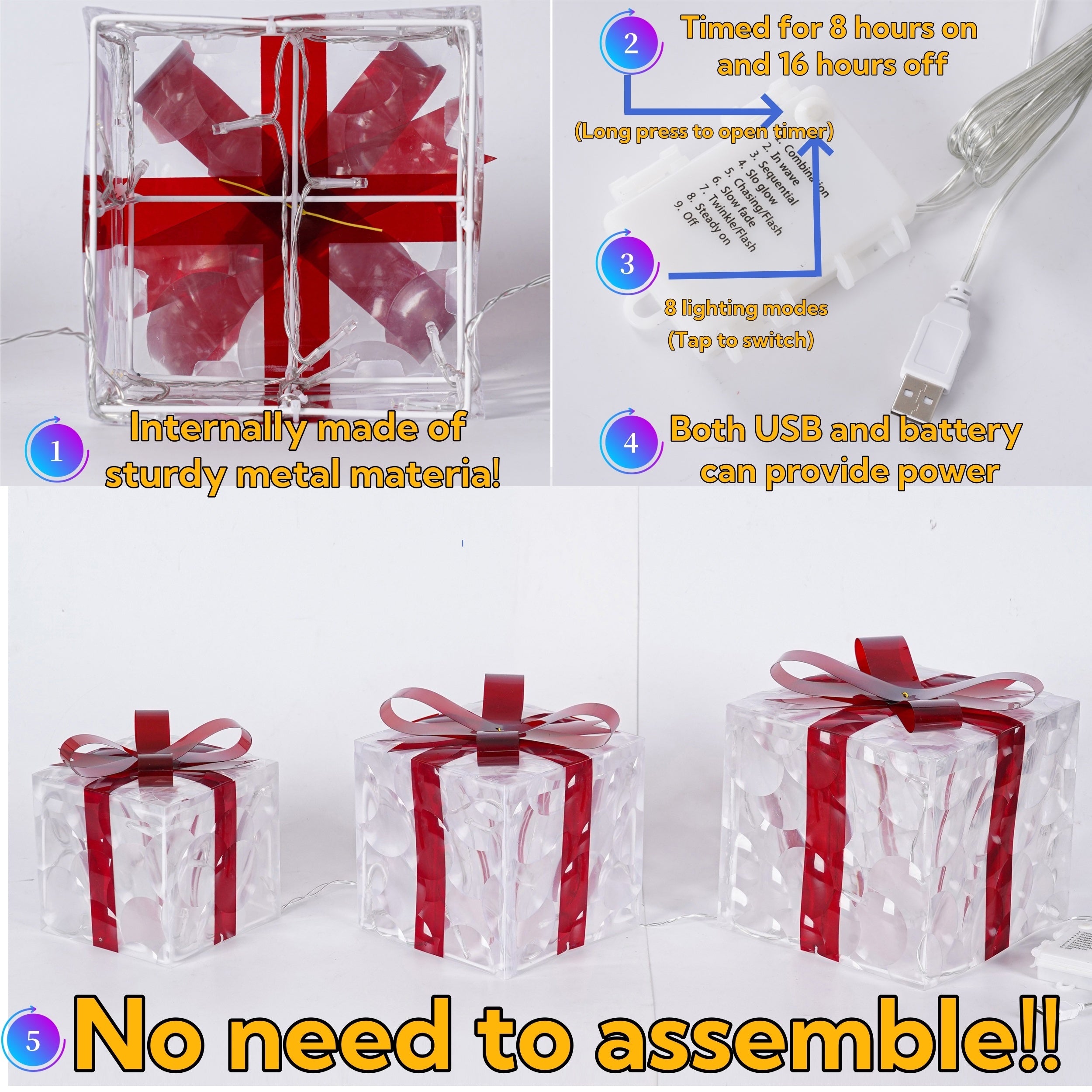Set Of 3 ChristmasLighted Gift Boxes, Transparent Warm White Lighted Christmas Box Decrations, Presents Boxs With Red Bows For Christams Tree, Yard, Home, Christams Outdoor Decoration