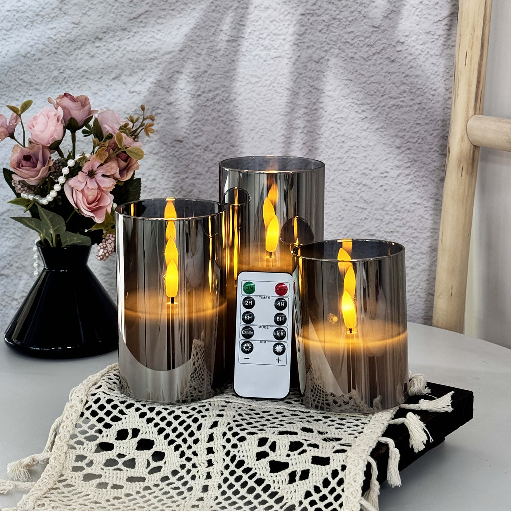 3pcs Flameless Candles with Remote Control Timer: 3D Wick Battery-Powered LED Pillar Candle, Unbreakable Acrylic Fake Candy Set for Home Decor Romantic Atmosphere - Gray, Artificial Candles, Candle Decor, Halloween Candle, Sm