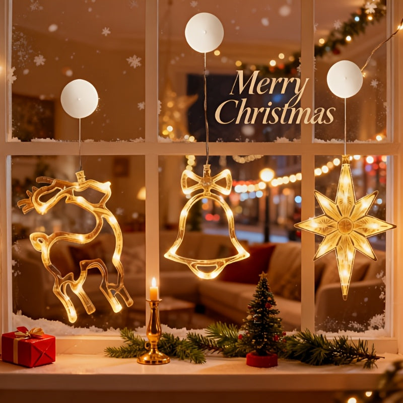 LED Christmas Lights – Available in 1-Piece or 3-Piece Sets with Star, Snowflake, and Christmas Tree Designs. Battery-Powered with Suction Cup Base for Easy Window Mounting or Hanging (Batteries Not Included). Perfect for A