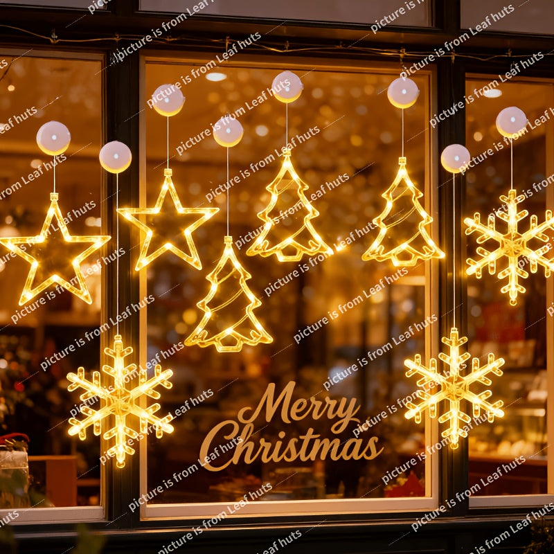 LED Christmas Lights – Available in 1-Piece or 3-Piece Sets with Star, Snowflake, and Christmas Tree Designs. Battery-Powered with Suction Cup Base for Easy Window Mounting or Hanging (Batteries Not Included). Perfect for A