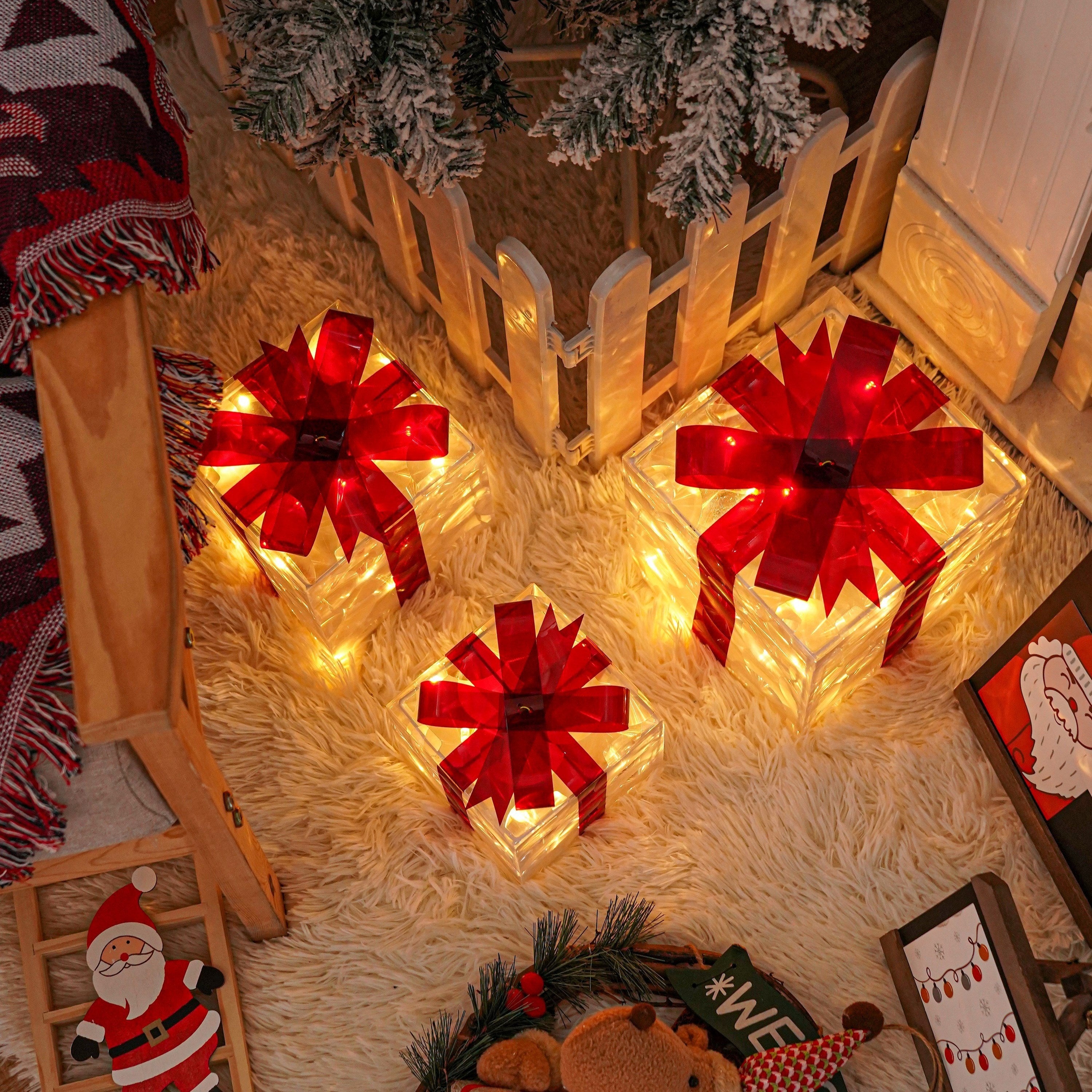 Set Of 3 ChristmasLighted Gift Boxes, Transparent Warm White Lighted Christmas Box Decrations, Presents Boxs With Red Bows For Christams Tree, Yard, Home, Christams Outdoor Decoration