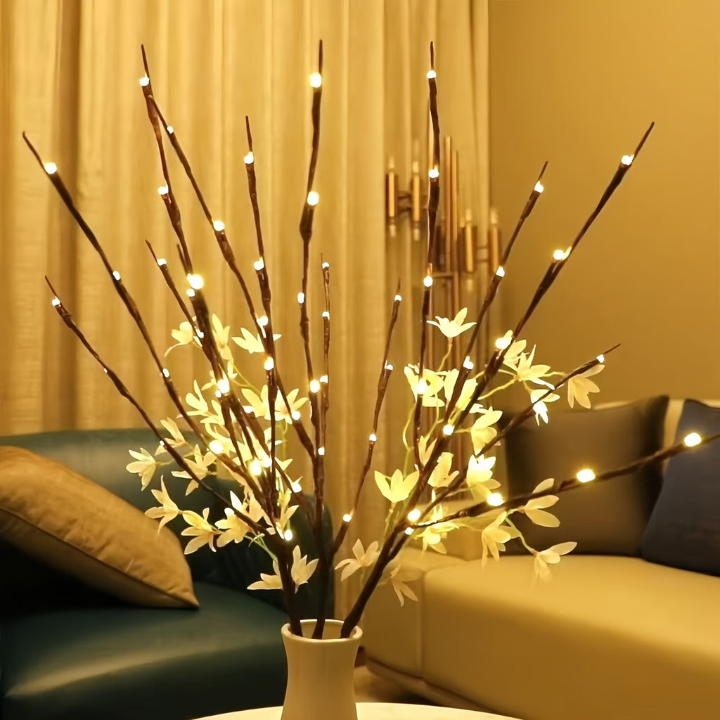 2pcs Set of Artificial Tree Branch LED Lights - Battery-Powered, 20 LEDs per Vase, Vase-Filled Decorative Lights for Home, Romantic Bedside Lamp, Christmas, Halloween, Thanksgiving, Hanukkah, Wedding, Valentine'S Day, Metal &