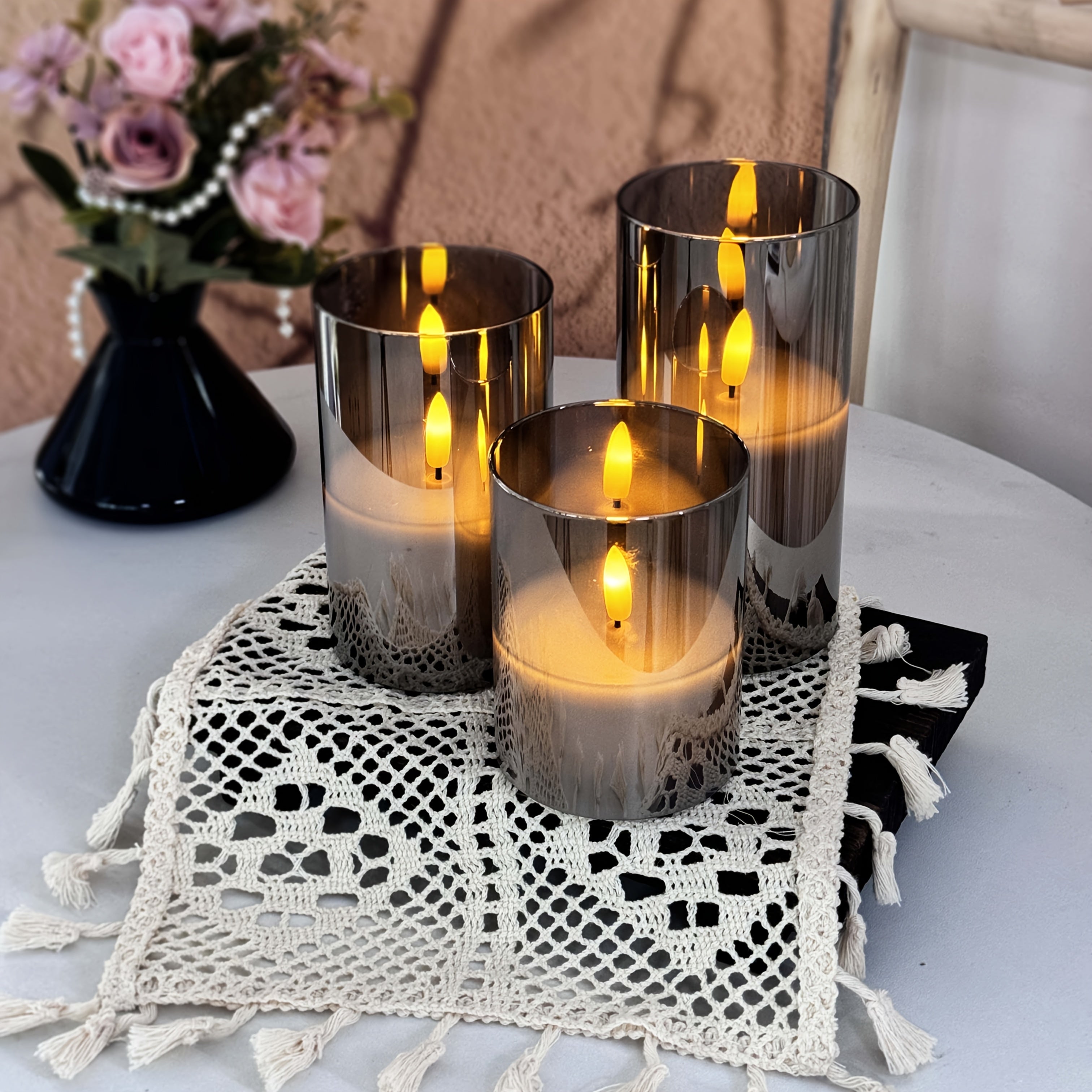 3pcs Flameless Candles with Remote Control Timer: 3D Wick Battery-Powered LED Pillar Candle, Unbreakable Acrylic Fake Candy Set for Home Decor Romantic Atmosphere - Gray, Artificial Candles, Candle Decor, Halloween Candle, Sm