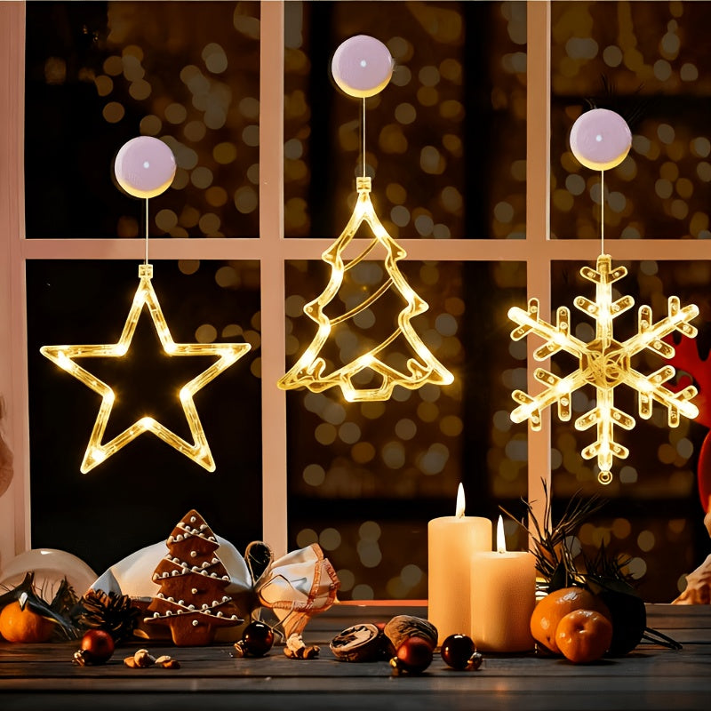 LED Christmas Lights – Available in 1-Piece or 3-Piece Sets with Star, Snowflake, and Christmas Tree Designs. Battery-Powered with Suction Cup Base for Easy Window Mounting or Hanging (Batteries Not Included). Perfect for A