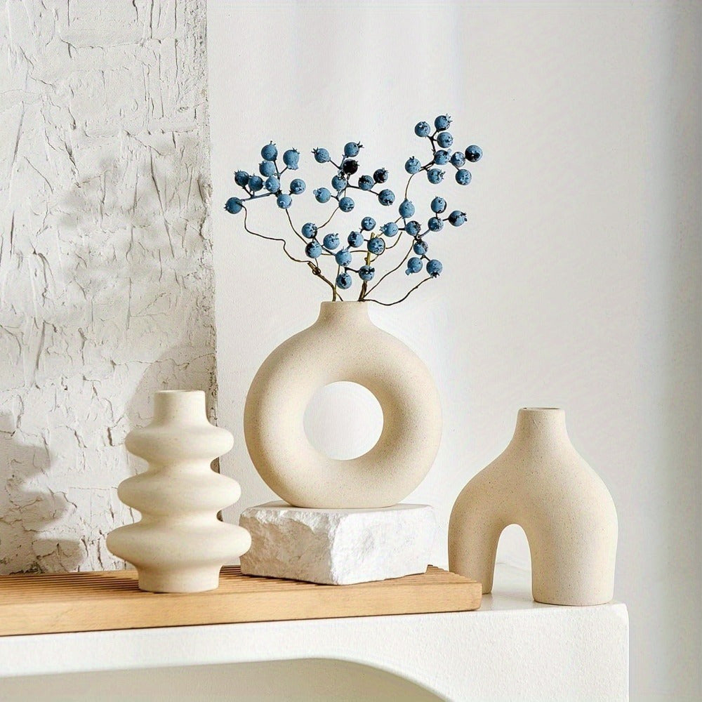 3-Piece Bohemian Ceramic Vase Set – Modern Geometric Round Decorative Vases in White Donut and Gourd Shapes. Perfect for Table Centerpieces, Living Room, Bedroom, Wedding, and Valentine’s Day Décor. An Elegant Choice for